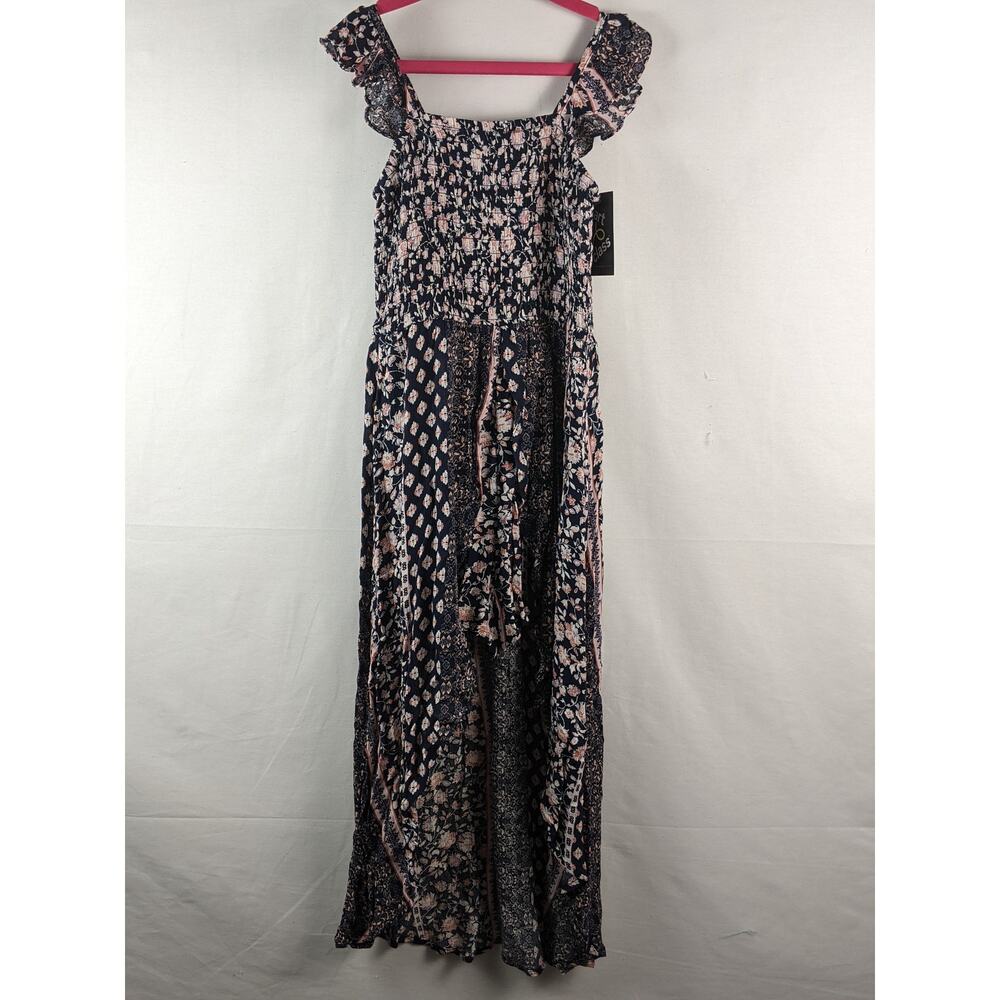 Romper Ruffle Smocked Walk Through Navy Floral Dress Art Class M 7/8 Pink Flower - Picture 2 of 9